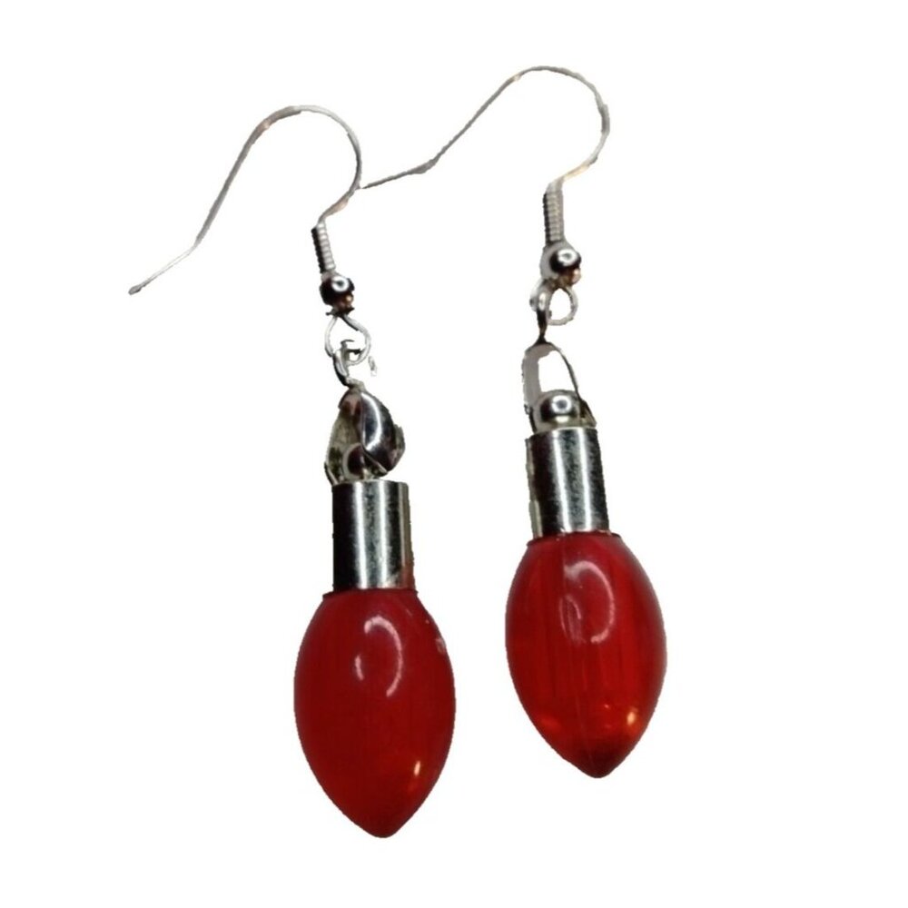Christmas Tree Light Bulb Earrings Dangle Drop Red Silver
